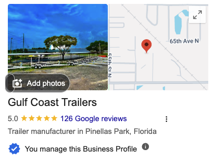 Gulf Coast Trailers Google listing showing 5.0 stars and 126 reviews on September 30, 2026
