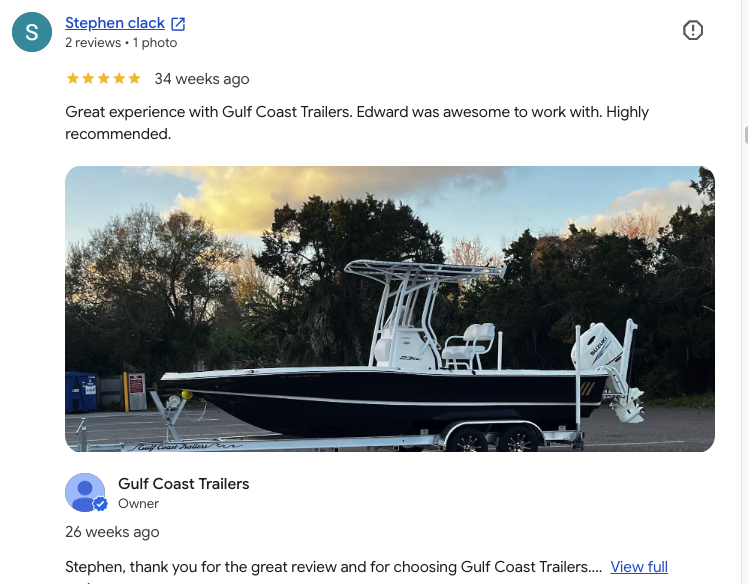 Stephen Clack’s five-star Google review with his boat and trailer photo