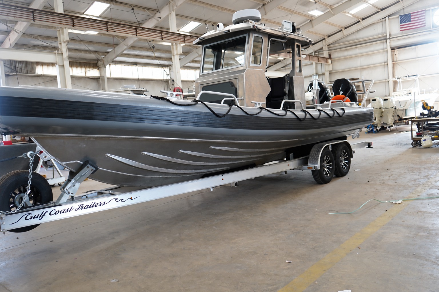 Aluminum patrol boat · front view on a Gulf Coast tandem trailer