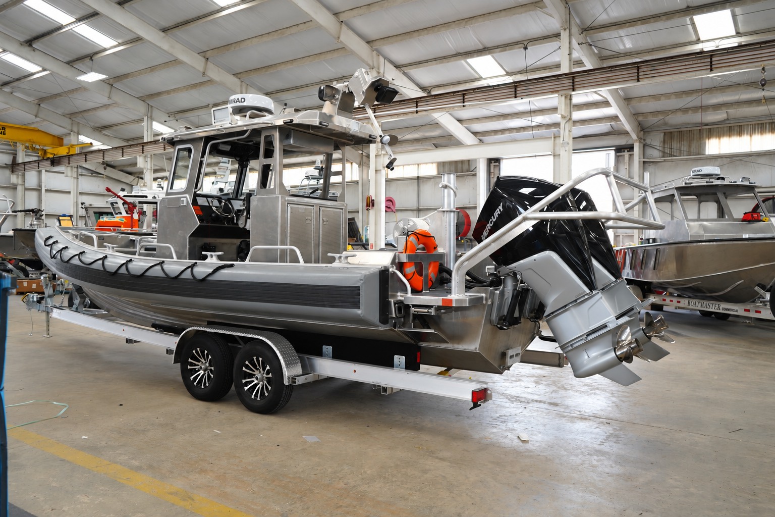 Aluminum patrol boat · rear view on a Gulf Coast tandem trailer