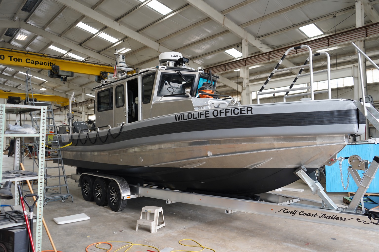 Wildlife officer boat on a Gulf Coast tandem trailer